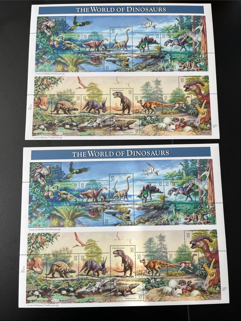 The World of Dinosaurs, Two (2) Sheets of 32c stamps, NEW.